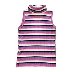 Vtg Fashion Bug Sleeveless Turtleneck Top Womens S Multicolor Stripe Y2K Preppy